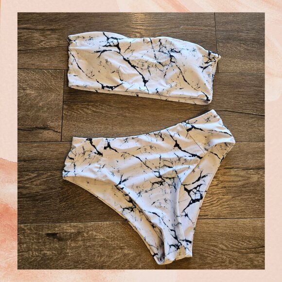 White & Black Marble Two-Piece High-Cut Bikini Swimsuit - Picture 1 of 3
